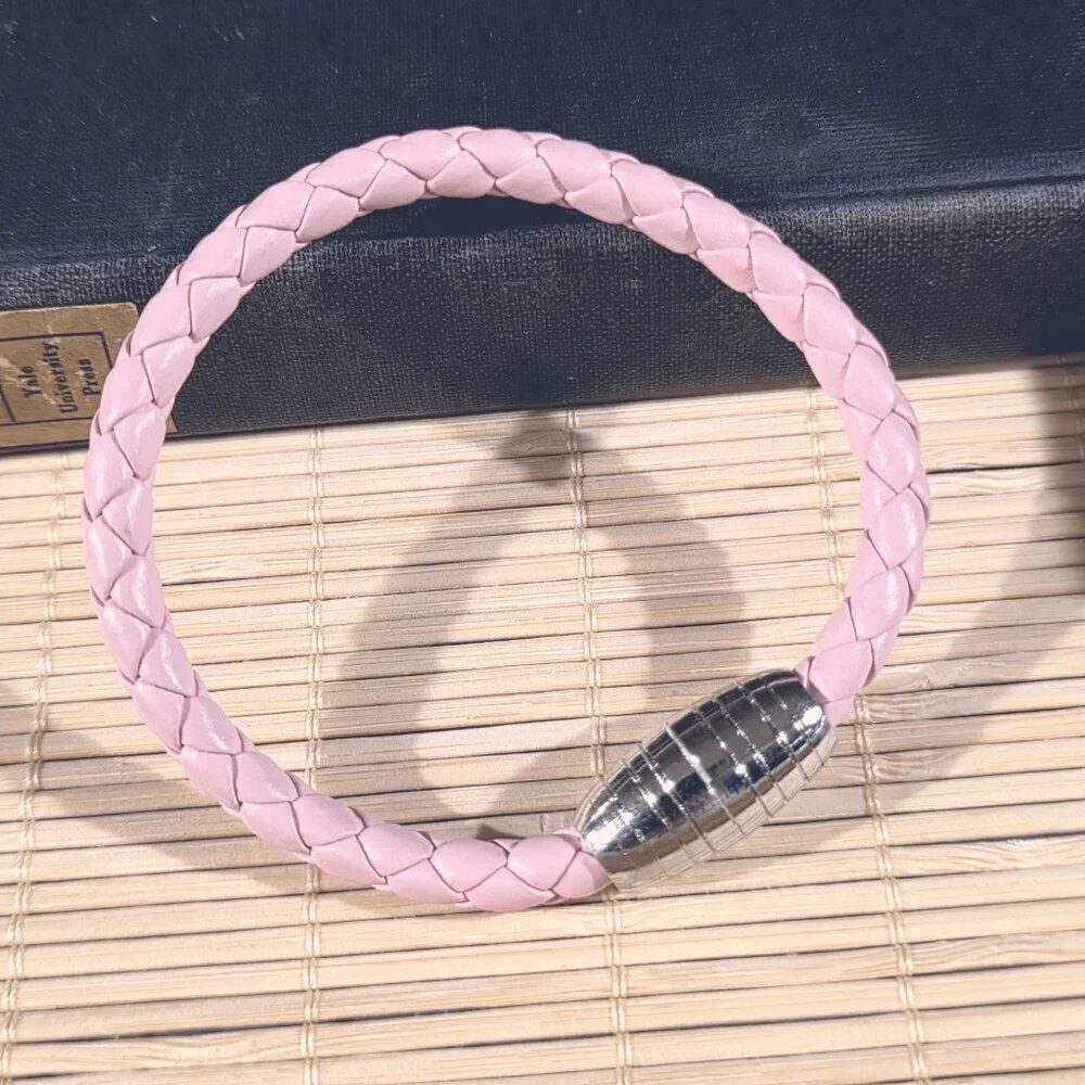 Braided Thick Light Pink Vegan Leather Magnetic Clasp Bangle Bracelet